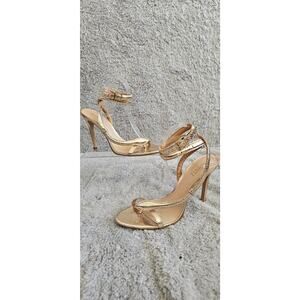 New Schutz Courtney Gold Metallic High Ankle Stiletto Strappy Sandal Sz 11B